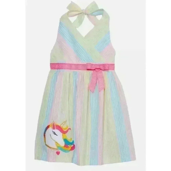 RARE EDITIONS Little Girl's size 4T Halter Stripe Unicorn Seersucker Dress - Picture 2 of 7
